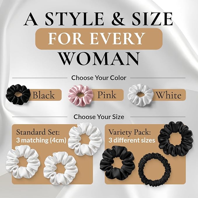 FORBDNSILK 100% Pure 22 Momme Mulberry Silk Scrunchies (Set of 3) | Highest grade (6A) Luxury Hair Ties| (Black,White,Pink) | (Pink, Standard)