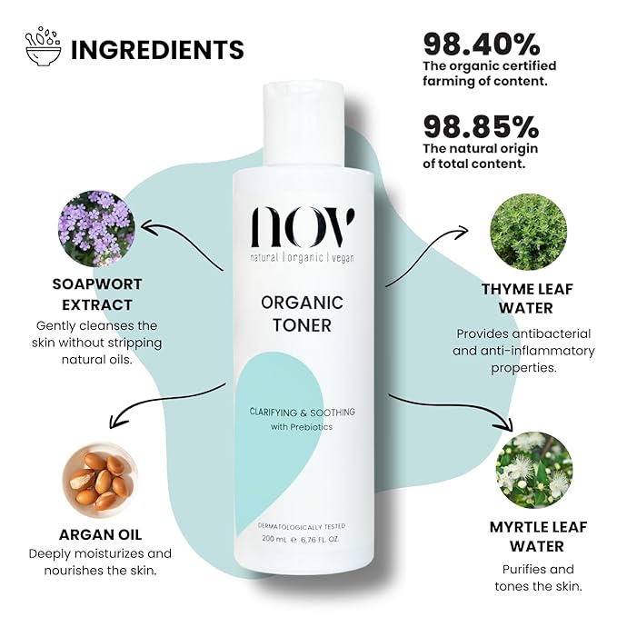 Nov Natural Organic Vegan Organic Toner | Skin Care, Face Moisturizer 6.76 Fl. Oz., Rose Water, Aloe Vera