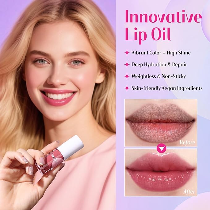 bayfree Tinted Lip Oil Stain Set 4 Shades, Non-Sticky Long-Lasting Hydrating High Shine Lip Gloss with Vitamin E, Fragrance-Free Vegan Korean Liptint for Dry Lips, Under Lipstick & Daily Wear