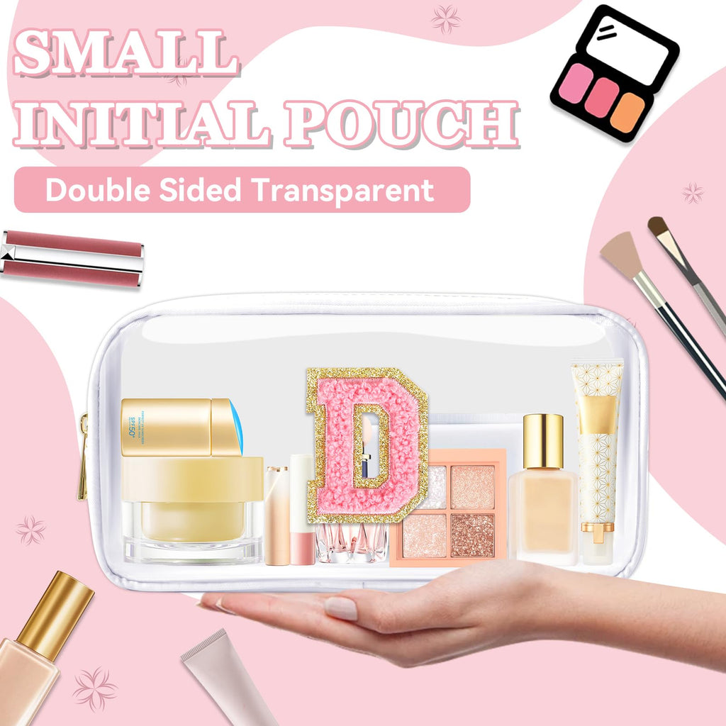 Small Clear Personalized Initial Makeup Bag,Nylon Preppy A-Z Chenille Letter Patch Cosmetic Pouch Beach Toiletry Bag,Waterproof Zipper Travel Purse Storage Bag Organizer for Women Girls(White-Pink D)