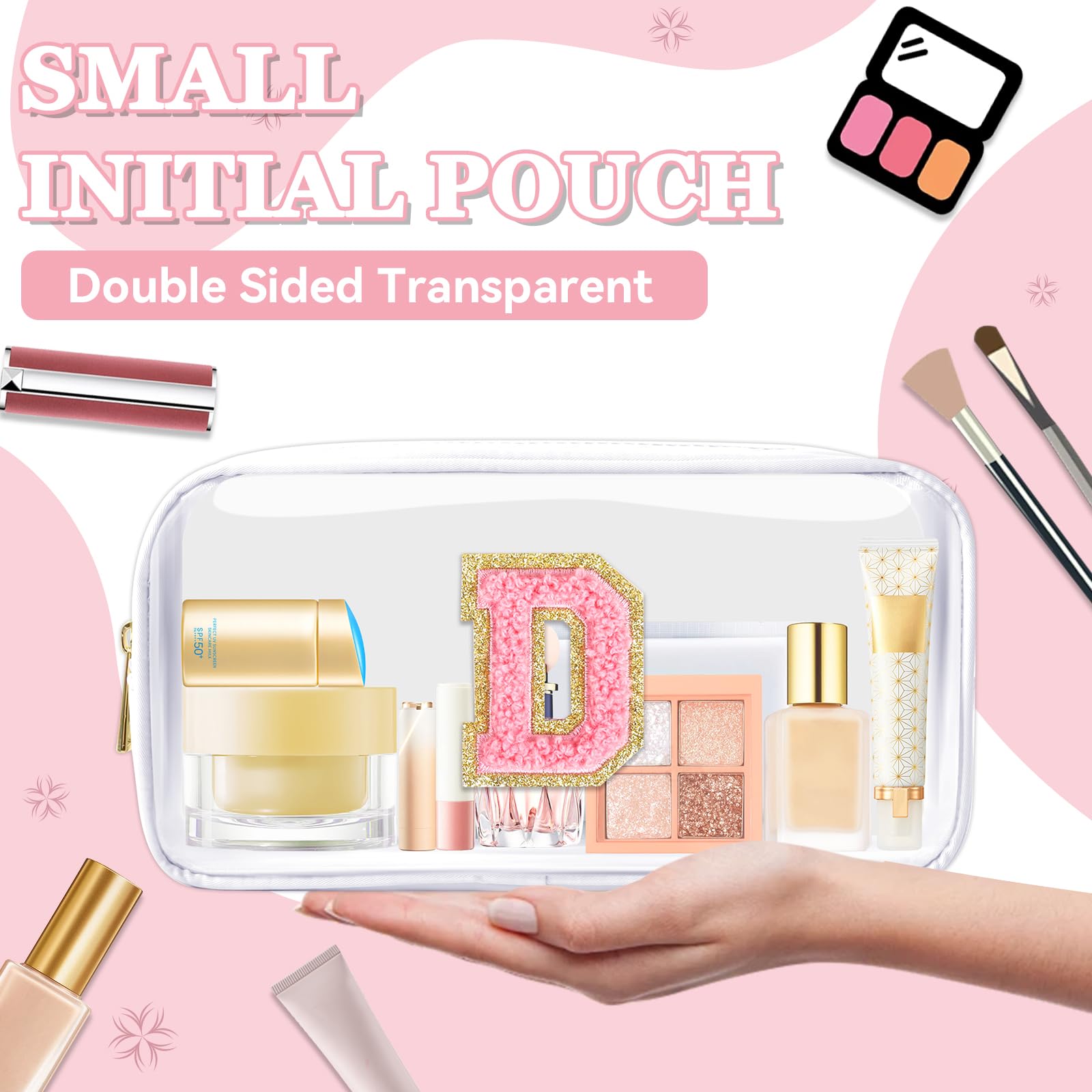 Small Clear Personalized Initial Makeup Bag,Nylon Preppy A-Z Chenille Letter Patch Cosmetic Pouch Beach Toiletry Bag,Waterproof Zipper Travel Purse Storage Bag Organizer for Women Girls(White-Pink D)