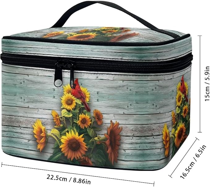 Drydeepin Cardinal Bird and Sunflower Print Travel Makeup Bags for Women Portable Tote Cosmetic Case with Carry Handle Toiletry Accessories Storage Organizer Bags