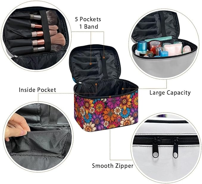 Drydeepin Vibrant Hippie Flower Pattern Travel Makeup Bags for Women Portable Tote Cosmetic Case with Carry Handle Toiletry Accessories Storage Organizer Bags