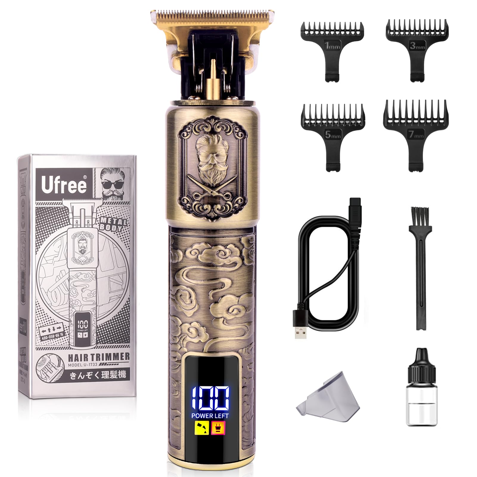 Ufree Beard Trimmer for Men, T-Blade Hair Clipper, Zero Gap Edger with LCD