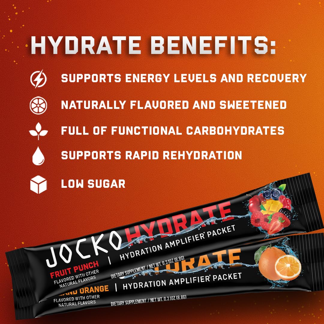 Jocko Fuel Hydrate Electrolytes Powder Packets Low Sugar - Hydration Amplifier Packets for Recovery, Dehydration, & Exercise - with Vitamins B6, B12 & C (16 Packets) Island Orange