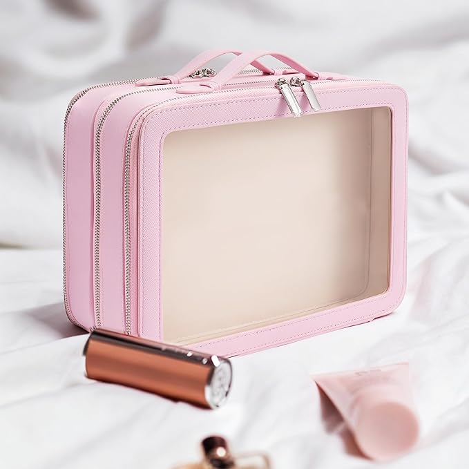 idoltimes Clear Makeup Bag,Large Toiletry Case for Women,PU Leather Travel Cosmetic Bag,Detachable Makeup Case,Double Compartment Make up Organizer