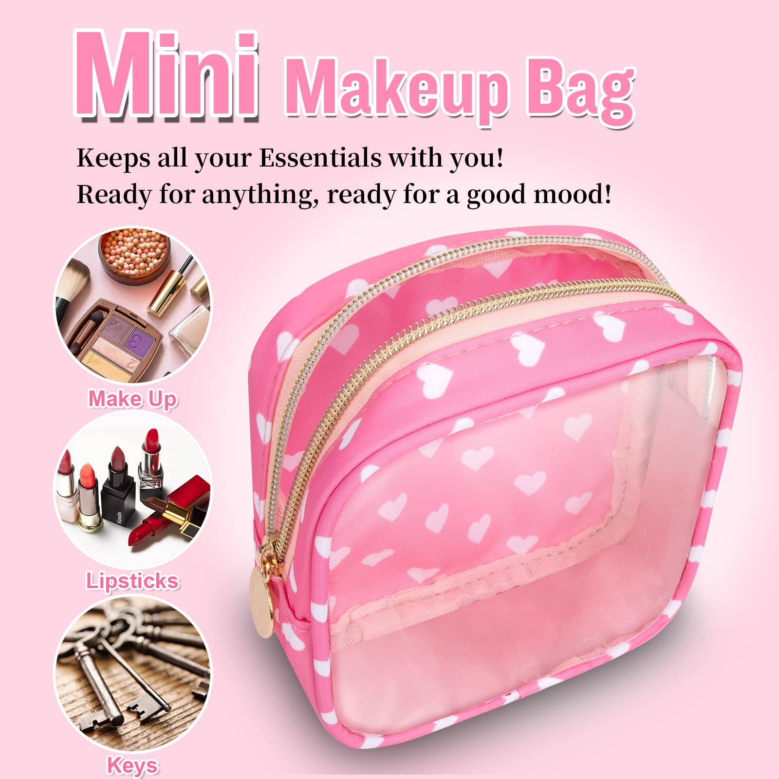 Mini Clear Travel Makeup Organizer Bag for Purse, Samll Cute Preppy Pink Makeup Bag Cosmetic Zipper Pouch Purse, Transparent PVC & Nylon Waterproof Toiletry Storage Clutch for Women Girls(Pink Heart)