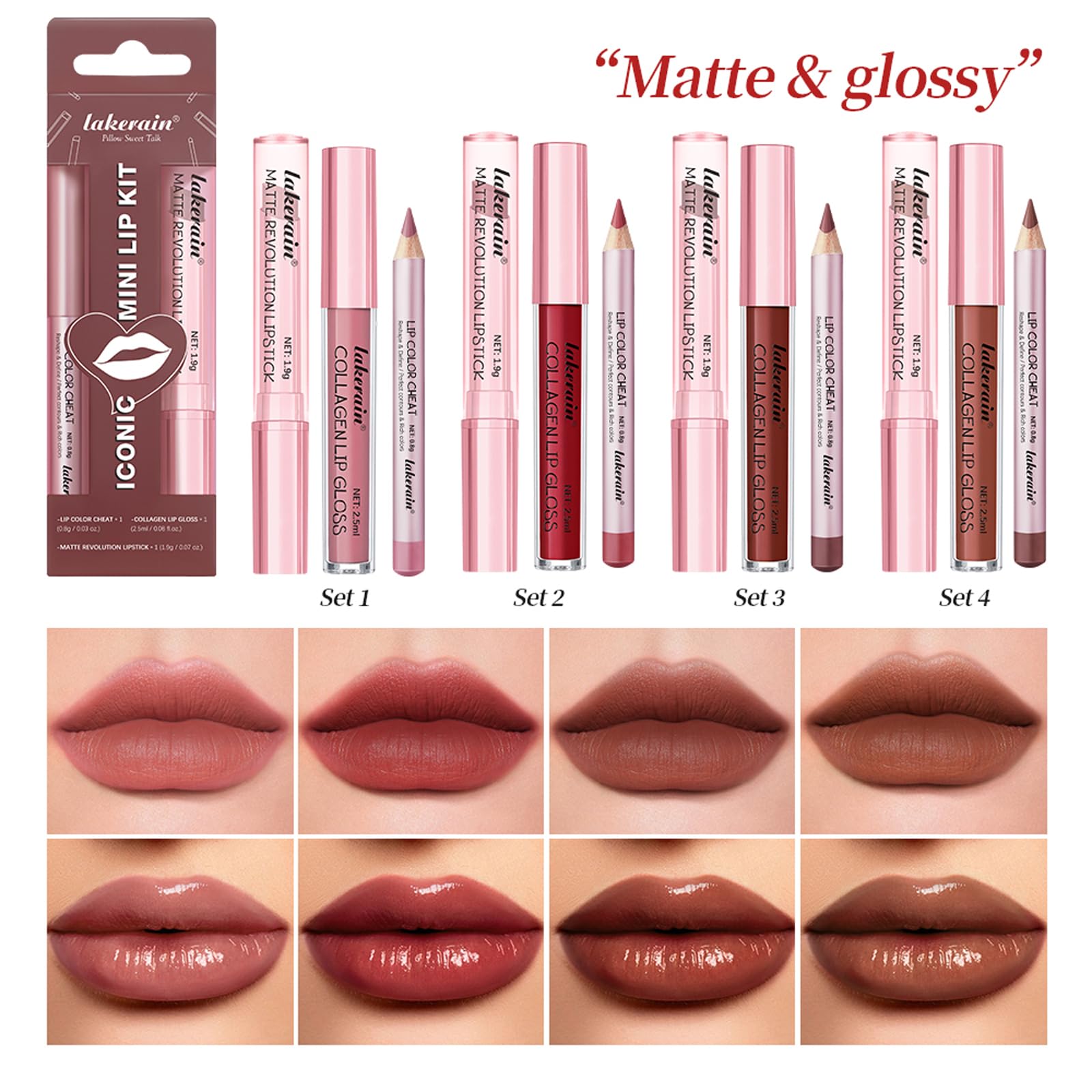 3PCS Lip Liner and Lipstick Combo Set - Matte Lip Liner Pencil, Velvet Matte Lipstick & Hydrating Collagen Lip Gloss - Long-Lasting, Smudge-Proof, High Pigment Nude Brown Lip Makeup Kit (#2 Red Rose)