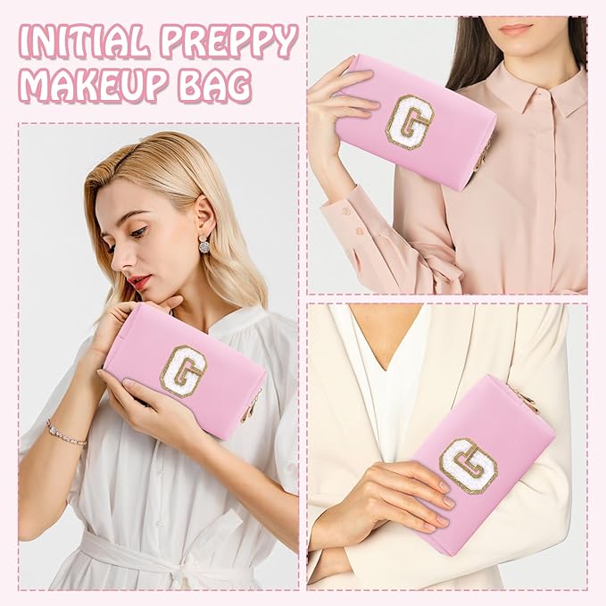 Personalized Initial Preppy Makeup Bag Organizer, Small Travel Cute Pink Cosmetic Bag Toiletry Zipper Pouch, Waterproof PU Leather Monogram Makeup Case Graduation Gift for Teacher Friends(Letter G)