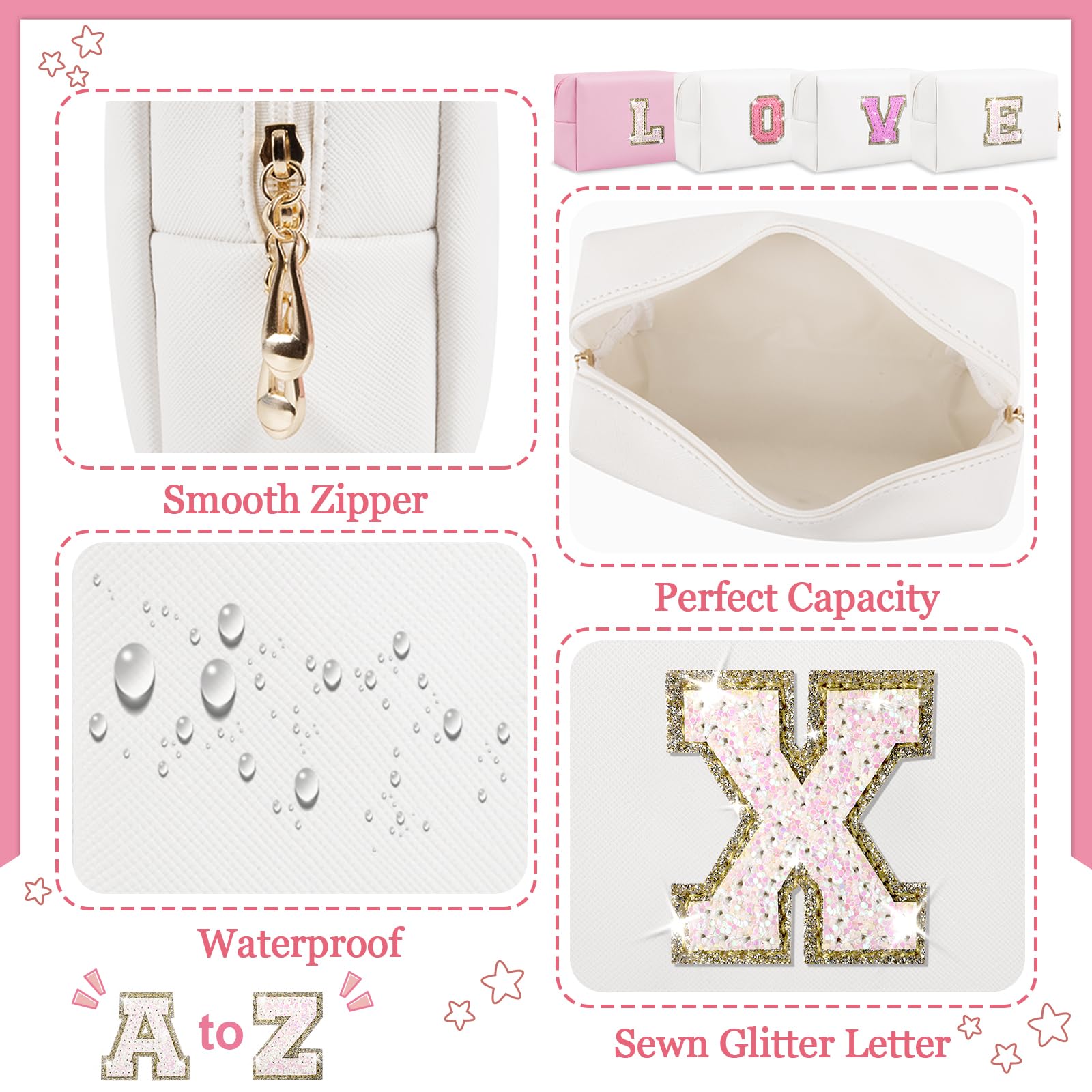 Initial Letter Patch Makeup Bag, Preppy Glitter Letter Pouch Cosmetic Bag,Small PU Travel Toiletry Bag Zipper,Personalized Monogrammed Gift for Friends Sister,Cute Stuff for Women Teen Girls(Letter X)