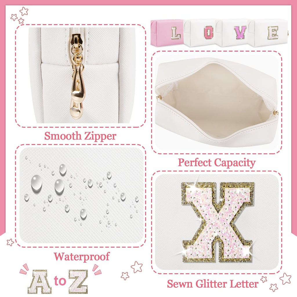 Initial Letter Patch Makeup Bag, Preppy Glitter Letter Pouch Cosmetic Bag,Small PU Travel Toiletry Bag Zipper,Personalized Monogrammed Gift for Friends Sister,Cute Stuff for Women Teen Girls(Letter X)