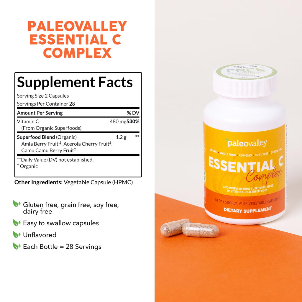 Paleovalley Essential C Complex, Whole Food Vitamin C Supplement, Organic Acerola Cherry, Camu Camu, Amla Berry, No Synthetic Ascorbic Acid, Immune Support Capsules, 450mg- Made in the USA