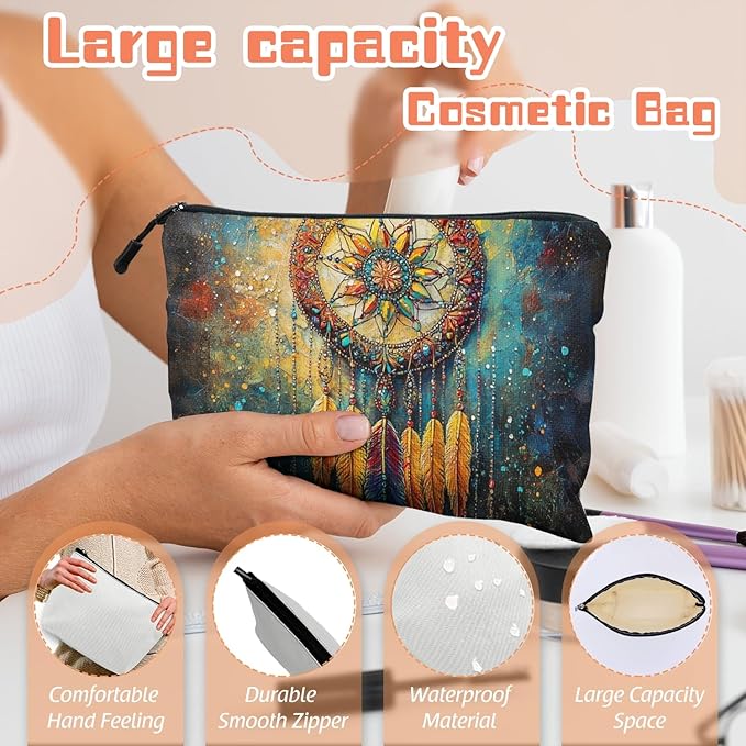 Scribesense Cosmetic Bags Travel Makeup Toilet Case Waterproof Pouch for Women Girls 6.7X9.45inches - Ornate Dreamcatcher With Colorful Feathers And Beads