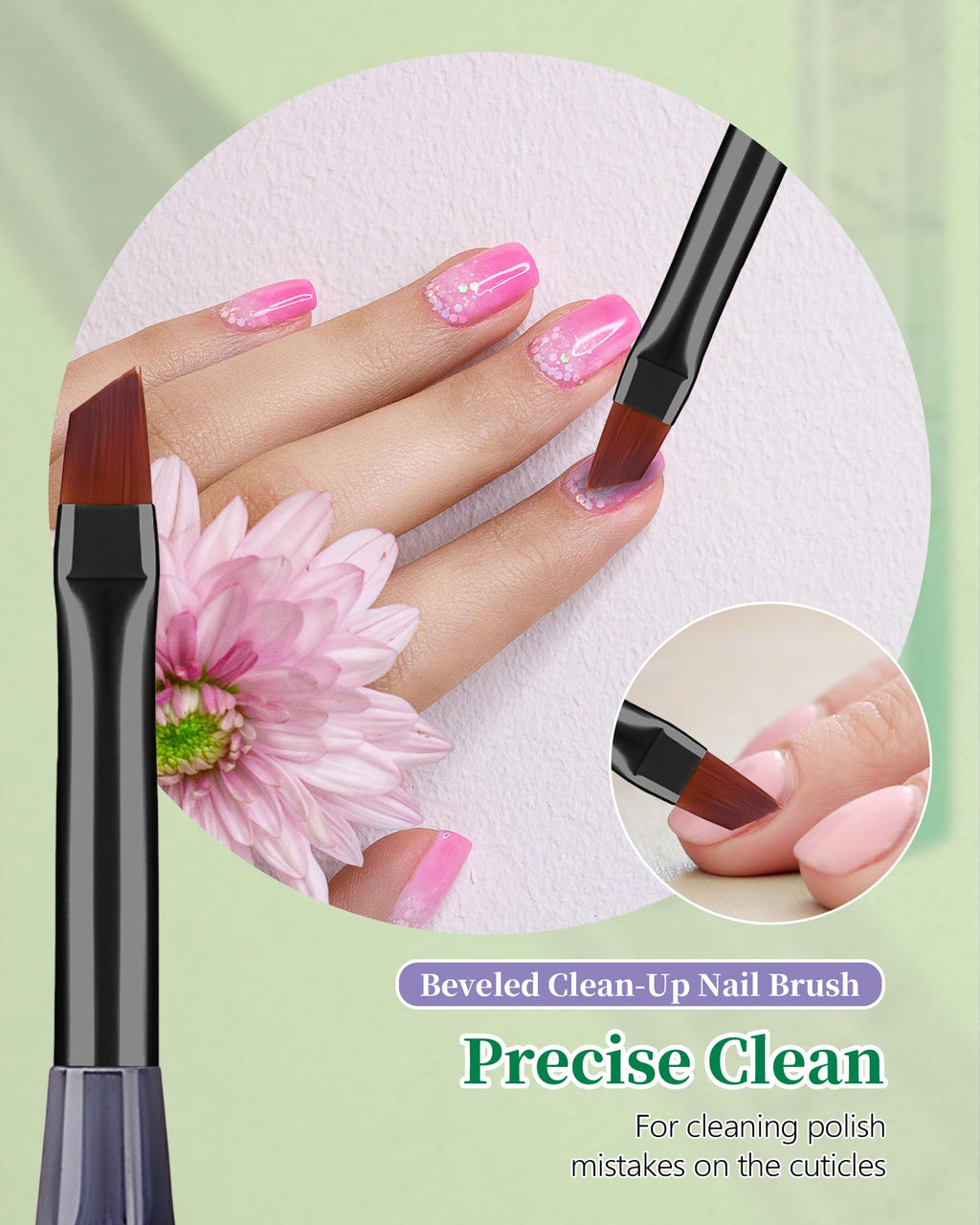AMilHiTon 3PCS Nail Polish Clean Up Brush, Round/Flat/Angled, Gilded Green