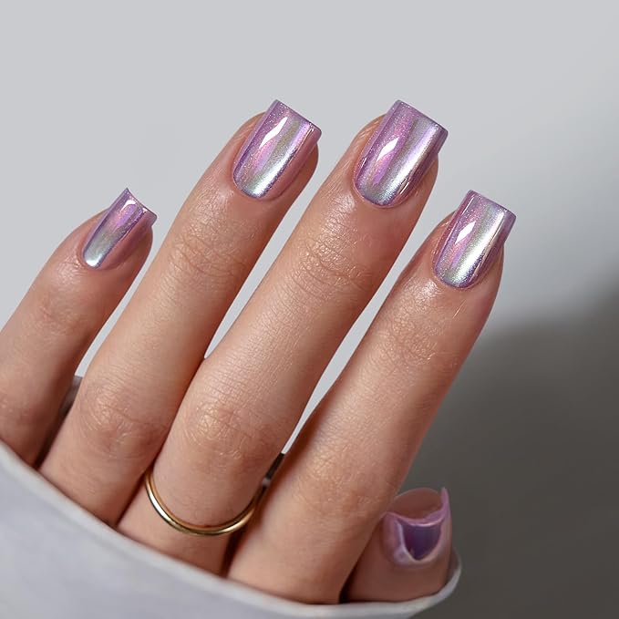 BTArtbox Press On Nails, Glass Ocean, Short Square, Chrome Cat Eye, 32Ct