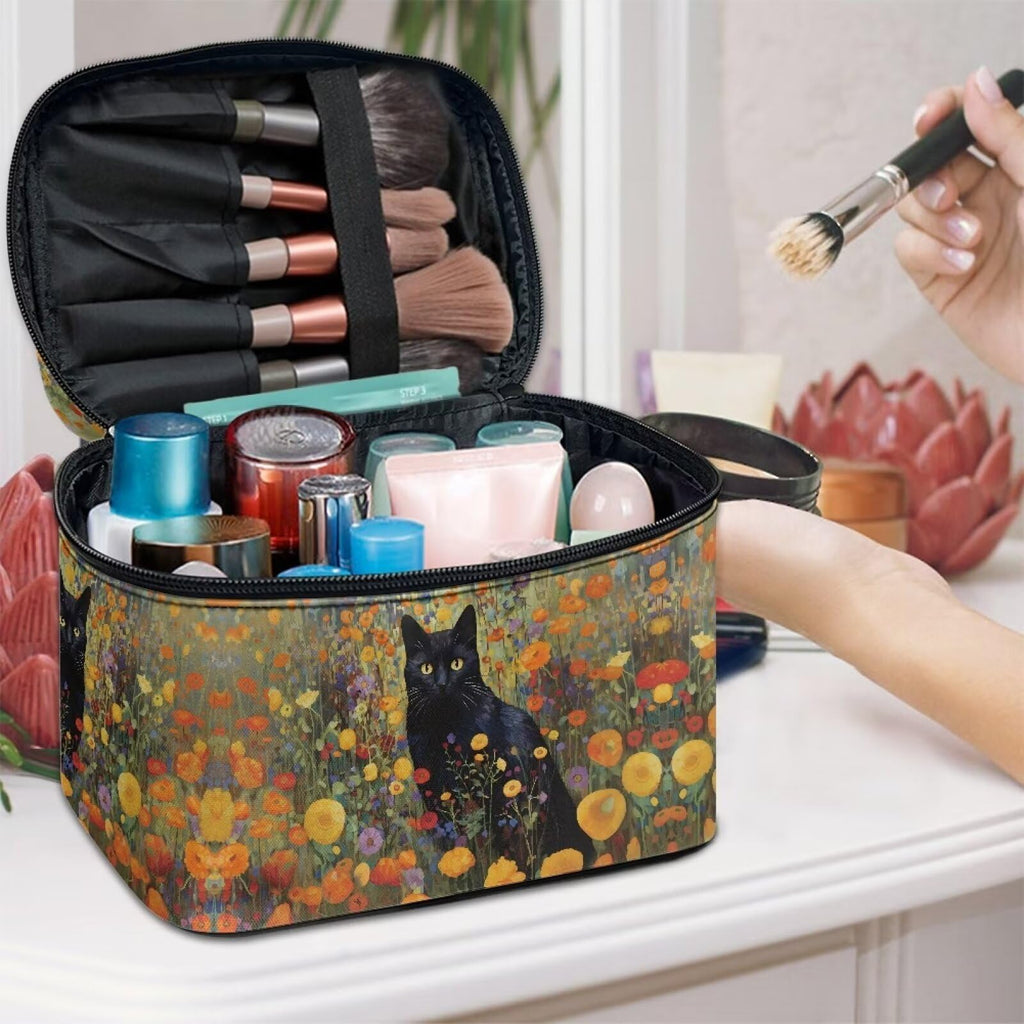 Drydeepin Black Cat Vibrant Floral Pattern Travel Makeup Bags for Women Portable Tote Cosmetic Case with Carry Handle Toiletry Accessories Storage Organizer Bags