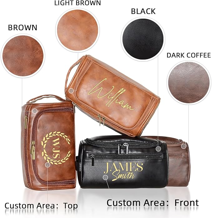 Xpanrous Personalized Toiletry Bag for Men, Engraved Name Initials Toiletry Bag, Customized Monogram Travel Shaving Dopp Kit for Groomsmen, Gift for Christmas, Birthday, Dad, Husband (Dark Coffee)