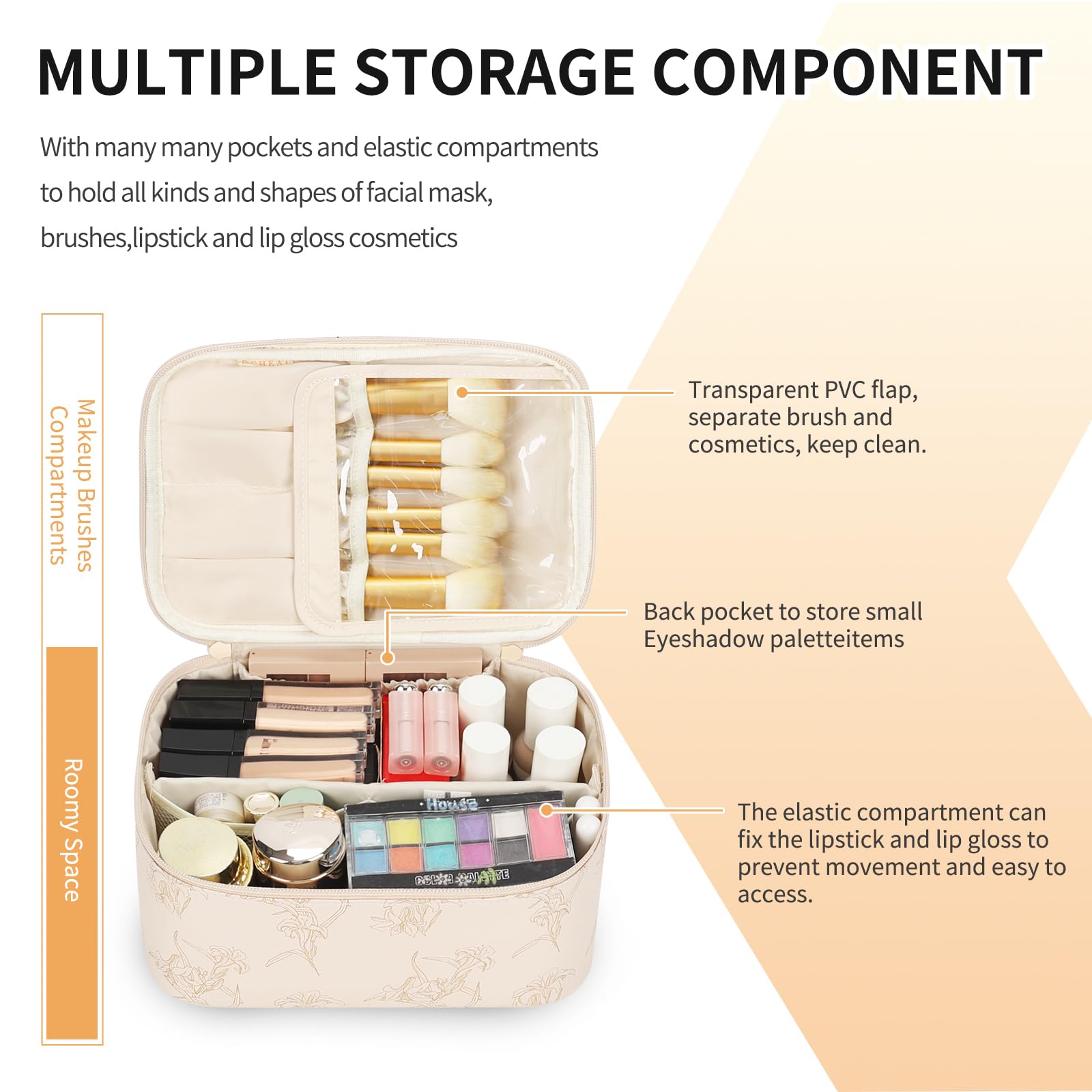 OCHEAL Makeup Bag for Women - Travel Cosmetic Organizer with Brush Slot & Divider, Large Capacity Toiletry Bag for Girls, Travel Makeup Case for everyday Make up Accessories -Beige floral