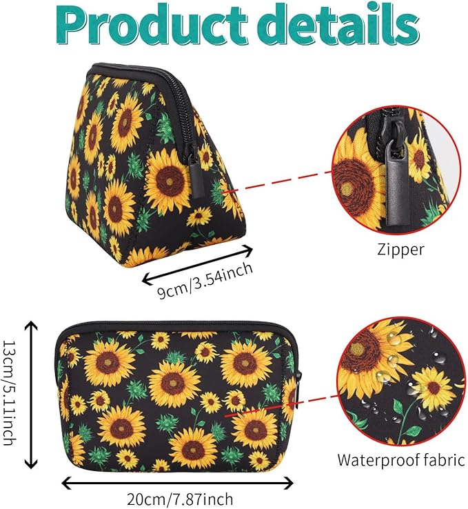 AJLTPA Waterproof Neoprene Cosmetic Bag, Black Sunflower
