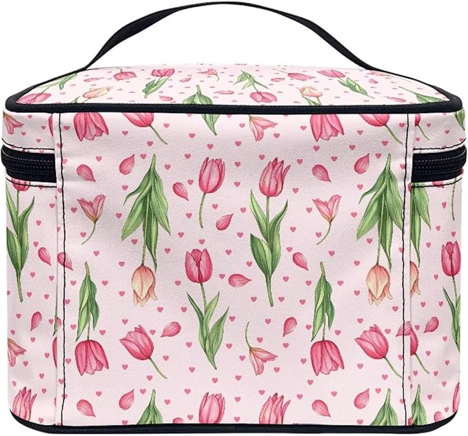 Drydeepin Pink Tulip Floral Heart Print Travel Makeup Bags for Women Portable Tote Cosmetic Case with Carry Handle Toiletry Accessories Storage Organizer Bags for Valentine's Day Mother's Day