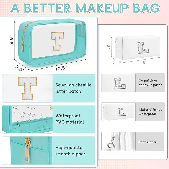 Personalized Initial Clear Makeup Bag, Travel Chenille Patch Cosmetic Bag, Preppy Toiletry Bag Monogram Cosmetic Pouch with Zipper, Ideal Gift for Teen Girls Women (Clear-Green, T)