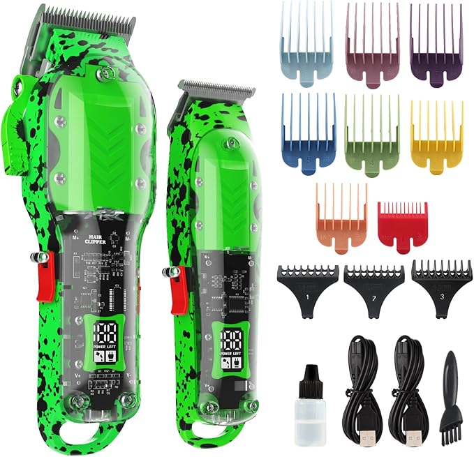 Tuanchuanrp Professional Hair Clippers for Men, Cordless Barber kit for Hair Cutting & Grooming, Hair Clippers and Trimmer Set for Barber Haircut with LED Display, 8 Fade Taper Combs(Green Set)