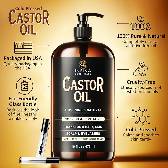 Pure Cold Pressed Castor Oil, Hexane Free Glass Bottle Unrefined, 16 fl oz