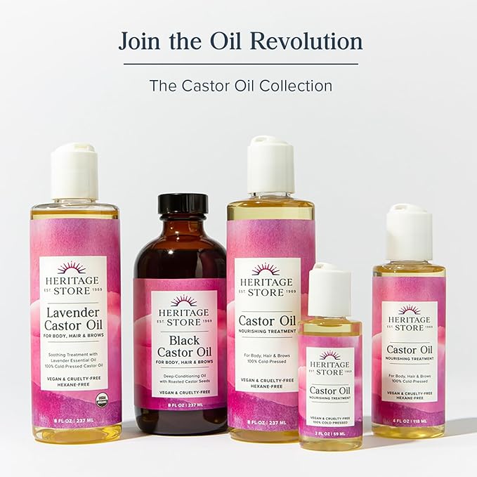 HERITAGE STORE Organic Castor Oil - 32oz Glass Bottle - Nourishing Treatment for Hair and Skin Care - Eyelash Serum for Eyelashes and Brows - Cold Pressed, Hexane Free, Vegan - 32oz