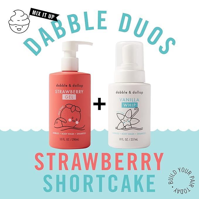 Dabble & Dollop Strawberry + Vanilla Kids 3-in-1 Body Wash, Shampoo & Bubble Bath Bundle – Gel + Foam Whip, Tear-Free, Gentle, Natural-Origin, Hypoallergenic and Safe for Sensitive Skin (Pack of 2)