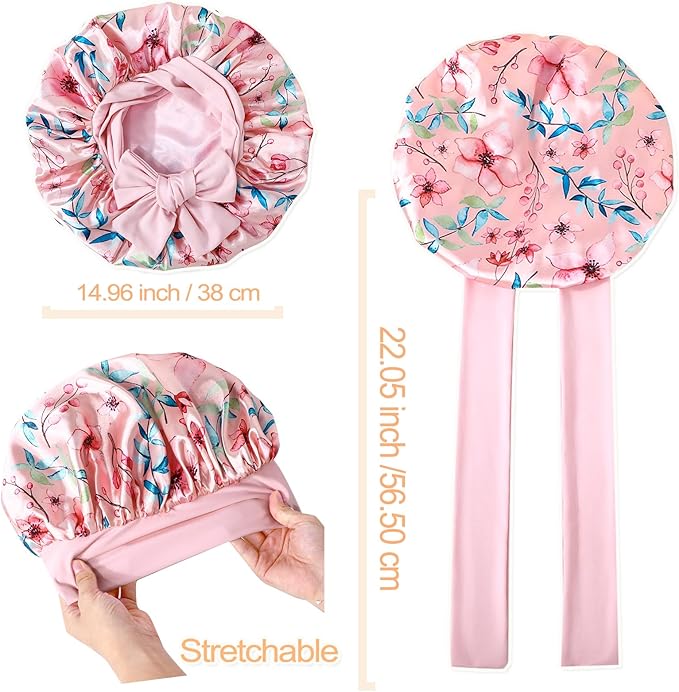 GDTOGRT Satin Silk Bonnet for Sleeping Women, Double Layer Sleep Hair Bonnets Caps for Curly Natural Hair with Tie Band - Pink Floral