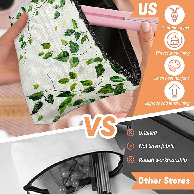 Scribesense Makeup Bag Travel Cosmetic Bags Small Makeup Case Waterproof Zipper Pouch for Women Girls 7X9inches - Green Ivy Leaves Cascading on White