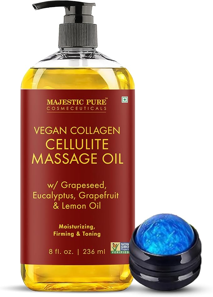 Majestic Pure Cellulite Massage Oil, Toning Body Blend, with Roller 8 Fl Oz