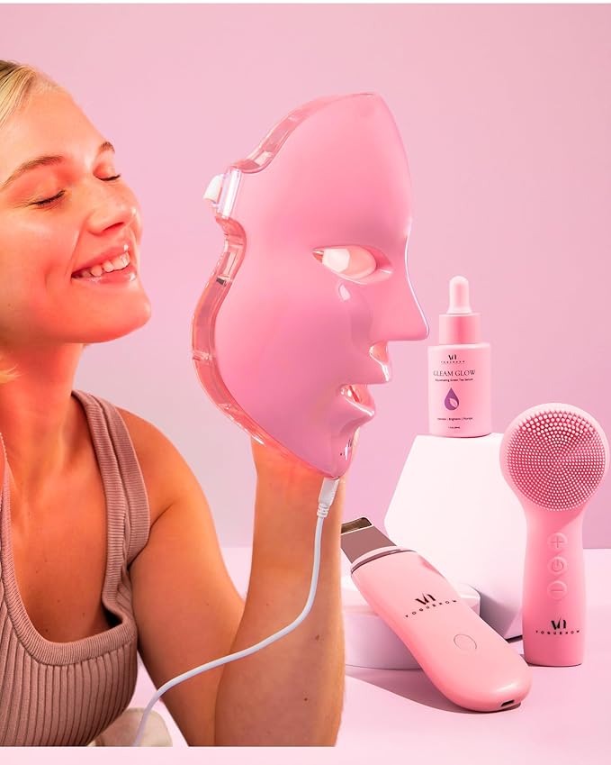 VogueNow LED Face Mask Light Therapy Premium Spa Kit (4 Pcs) - With Ultrasonic Scrubber, Sonic Brush & Green Tea Serum - 7 Colors (Blue & Red) Light Therapy Mask (Light Pink)