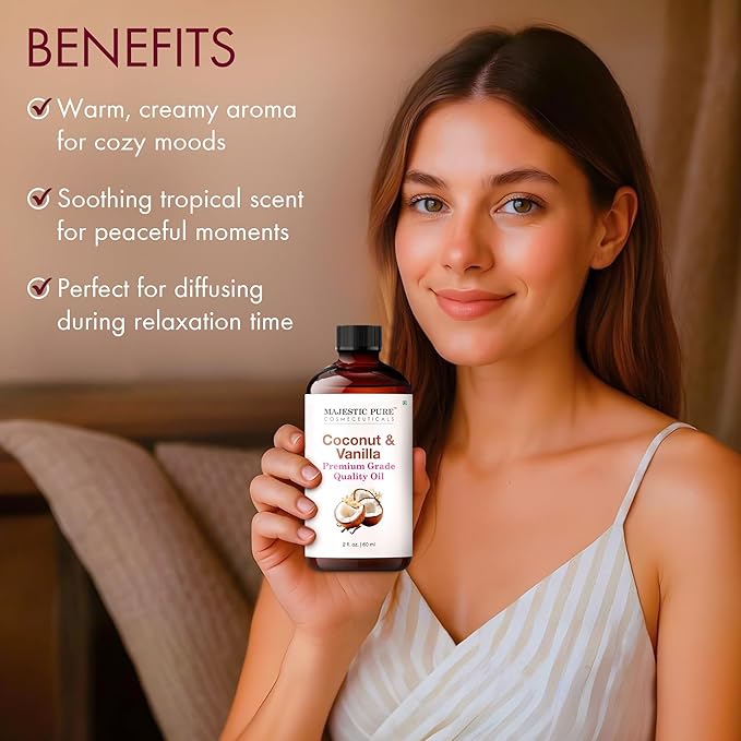 Majestic Pure Coconut Vanilla Essential Oil for Diffuser - 2 Fl Oz