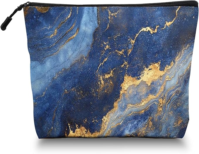 Scribesense Cosmetic Bags Travel Makeup Toilet Case Waterproof Pouch for Women Girls 6.7X9.45inches - Blue And Gold Marble