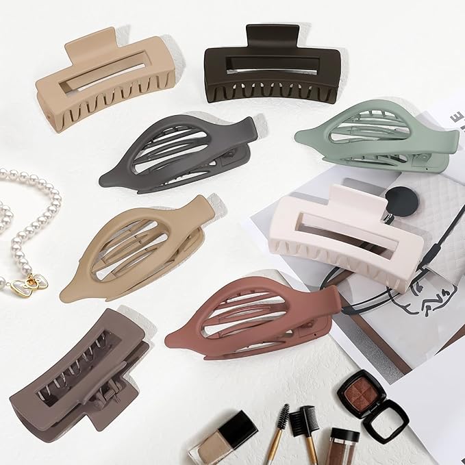 CHANDAT Hair Clips for Women 4.3 Inch Large Hair Claw Clips 8 pcs Square Claw Clips & Flat Hair Clips for Thick or Thin Hair French Concord Hair Barrettes Alligator Hair Accessories for Women (Basic)