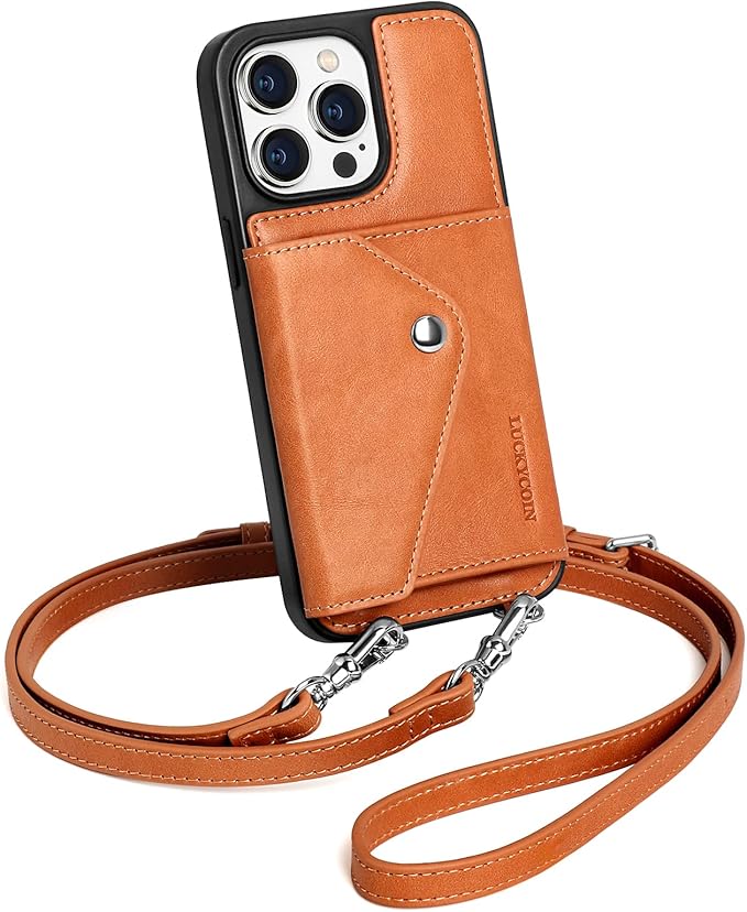 LUCKYCOIN Crossbody Phone Case for iPhone 15 Pro Max, 100% Genuine Leather Phone Wallet Case for Women, Premium Hands-Free Phone Purse with Expandable Flip Card Holder & Adjustable Strap - Retro Brown