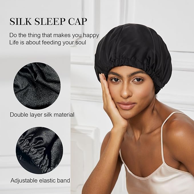 Satin Bonnet Silk Bonnet for Sleeping Women Double Layer Hair Bonnet Wrap Sleep Cap Gifts for Women Curly Hair Black