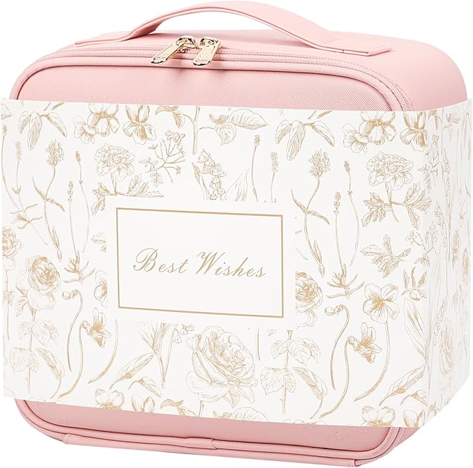 Chomeiu Makeup Bag with LED Mirror, Cute Cosmetic Bags for Women and Girls, Travel Train Case Artists Organizer Large Make Up Bags with 3 Color Light Up Mirror & Removable Brush Compartment, Pink