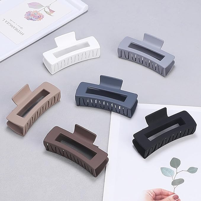 Sisiaipu 4 Inch Big Hair Claw Clips 6 Pcs Large Claw for Thick Hair Square Hair Clips for Women Rectangle Hair Clips Nonslip Acrylic Banana Jaw Clips Hair Accessories for Girls (Brown Grey)