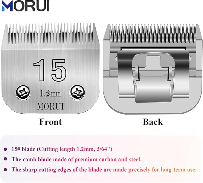 morui 15 Cut Length 3/64"(1.2mm) Detachable Pet Dog Clipper Blades UltraEdge Series Clipper Blades for Dog Grooming Compatible with Most Andis,Oster A5 Wahl KM Series Clippers