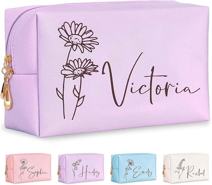 Fincekoom Personalized Makeup Bag with Name & Birth Flower, Custom Leather Cosmetic Bags for Women, Customized Travel Toiletry Bag Gifts for Bridesmaid Wedding