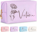 Fincekoom Personalized Makeup Bag with Name & Birth Flower, Custom Leather Cosmetic Bags for Women, Customized Travel Toiletry Bag Gifts for Bridesmaid Wedding