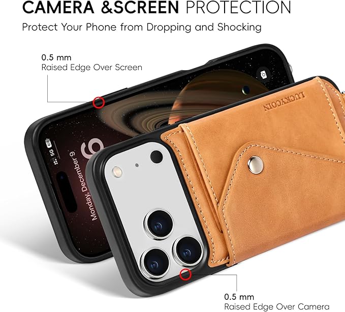 LUCKYCOIN Crossbody Phone Case for iPhone 17 Pro Max, 100% Genuine Leather Phone Wallet Case for Women, Premium Hands-Free Phone Purse with Expandable Flip Card Holder & Adjustable Strap - Retro Tan