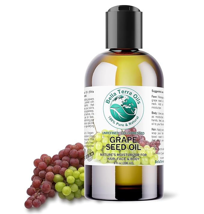 Bella Terra Oils - Natural Grape Seed Oil 8 oz - Dive into Natural Grape's Nutritional Power, Packed with Antioxidants & Omega-6, Elevate Your Skin Care Essence