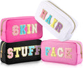 Cunno Preppy Makeup Bags Chenille Letter Stuff Bag Nylon Cosmetic Pouch Cases with Zipper for Women Travel Toiletry(Cute Color,Vivid,4 Pcs)