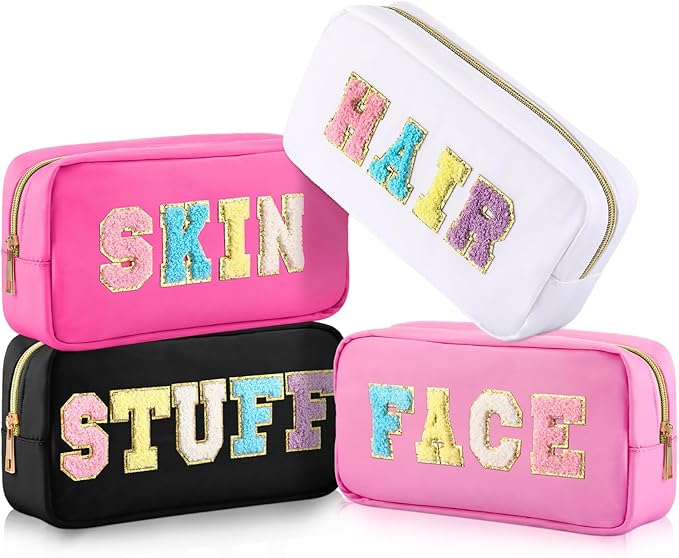 Cunno Preppy Makeup Bags Chenille Letter Stuff Bag Nylon Cosmetic Pouch Cases with Zipper for Women Travel Toiletry(Cute Color,Vivid,4 Pcs)