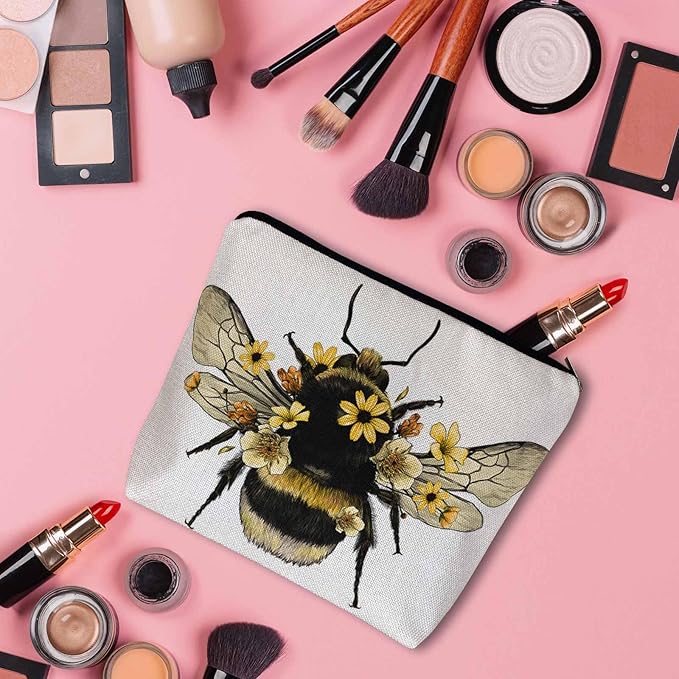 Kalygon Women Makeup Organizer Bag Bumblebee Bumblebee Honey Bee Sunflowers Yellow Flax Cosmetic Bag Makeup Bags Toiletry Bag Accessories Organizer Travel Bags For Home Bathroom Office Hotel Gym