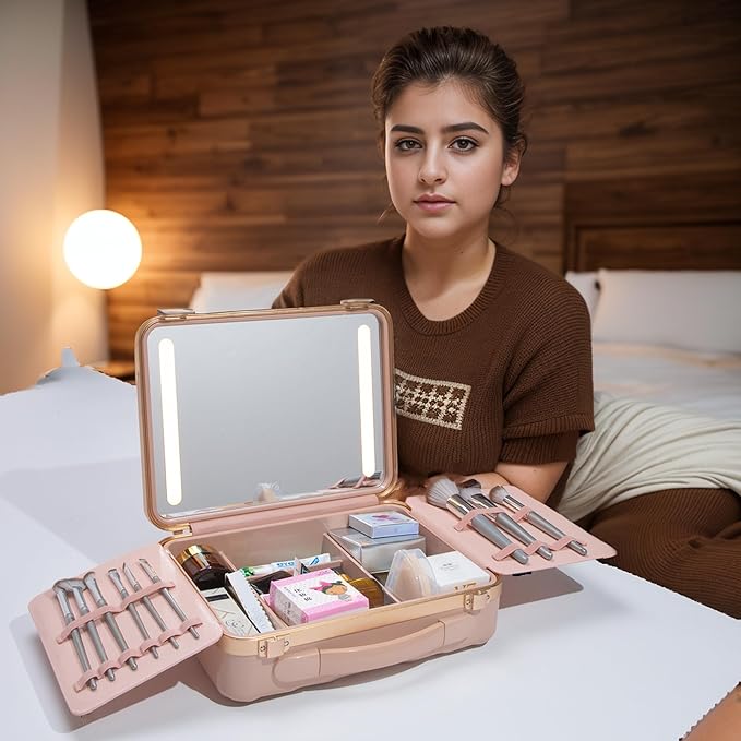 ZhenGuiRu Makeup Case with LED Lighted Mirror, 11.5''x 8.7'' Portable Travel Makeup Organizer, Toiletry Storage Makeup Bag Gift for Lady, DIY Dividers Makeup Box with 5X Magnifying Mirror (Pink)