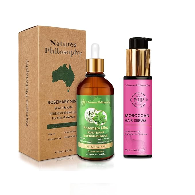 NP NATURES PHILOSOPHY Moroccan Argan Oil & Rosemary Hair Growth Oil Set, Hair Serum, Anti-Frizz, Anti-Hair Loss, Adds Shine, Quickly Absorbed & Non-Greasy, Aussie Hair Products for Men & Women